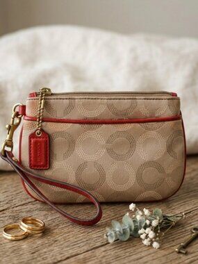 Coach Tan Dotted Op Art Wristlet with Red Leather Trim - Y2K Vintage